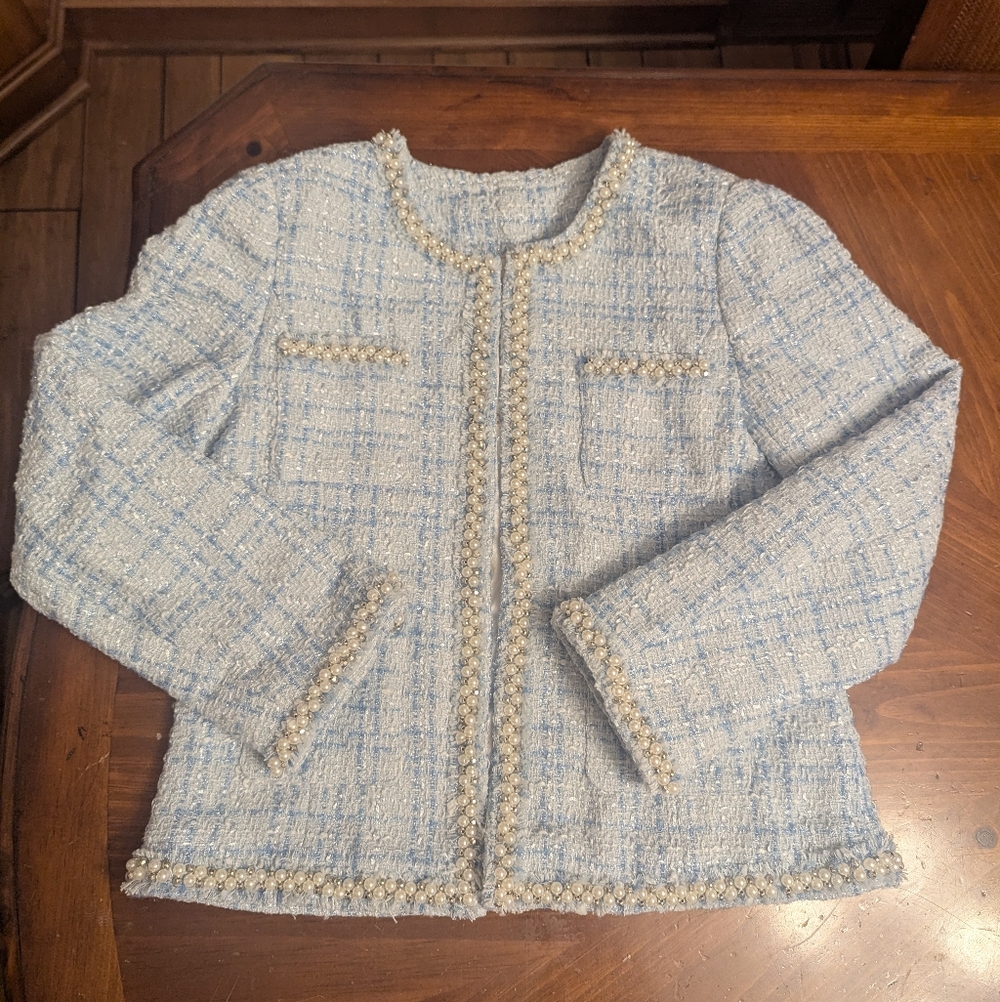 Pearl Embellished Ice BlueTweed Jacket NWOT Sz L Runs small See Pic Measurements - Picture 1 of 9